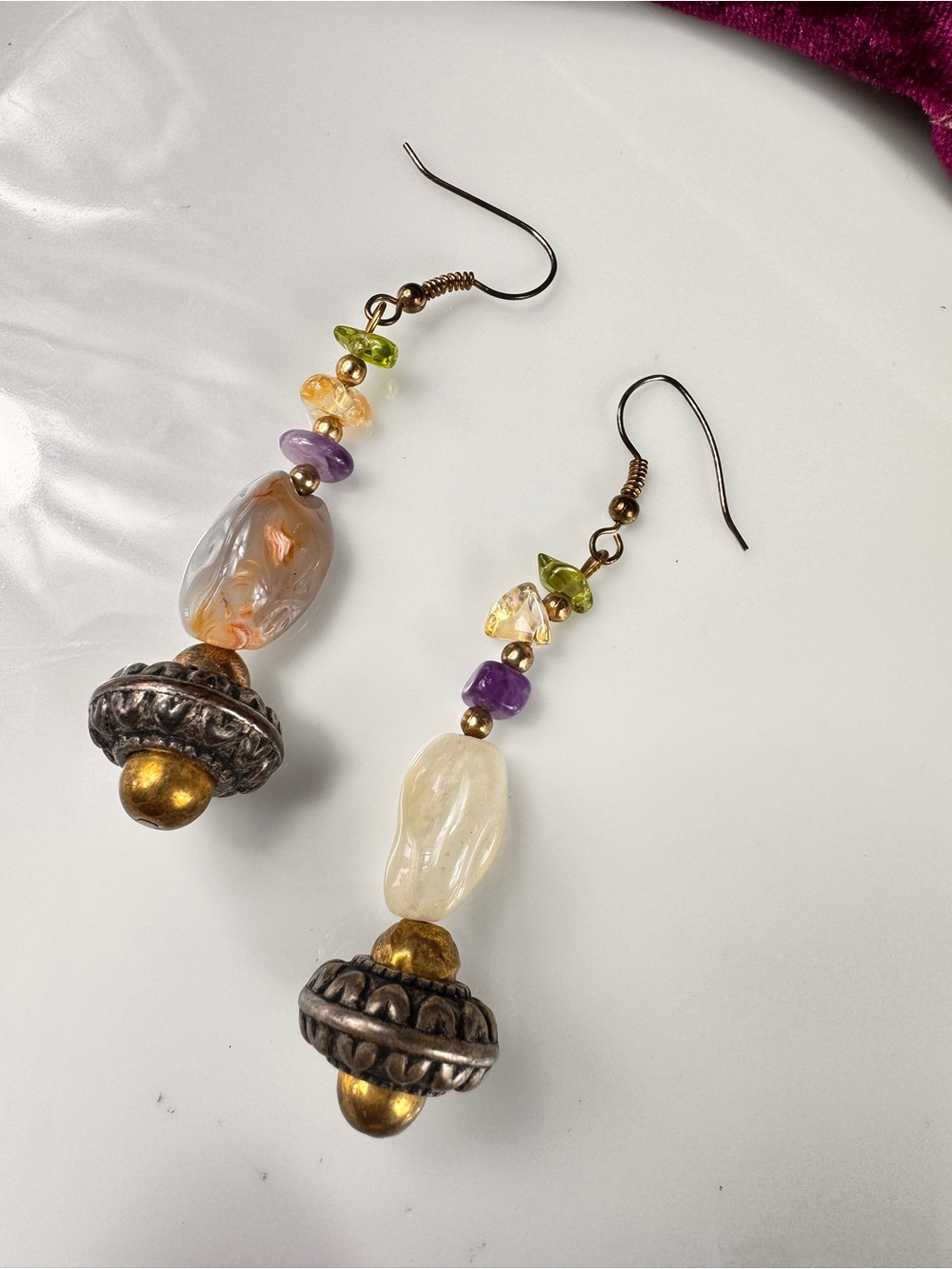 Fluorite & Amethyst Stone Drop Earrings - Gold & Mixed Gem Tones - Picture 8 of 8